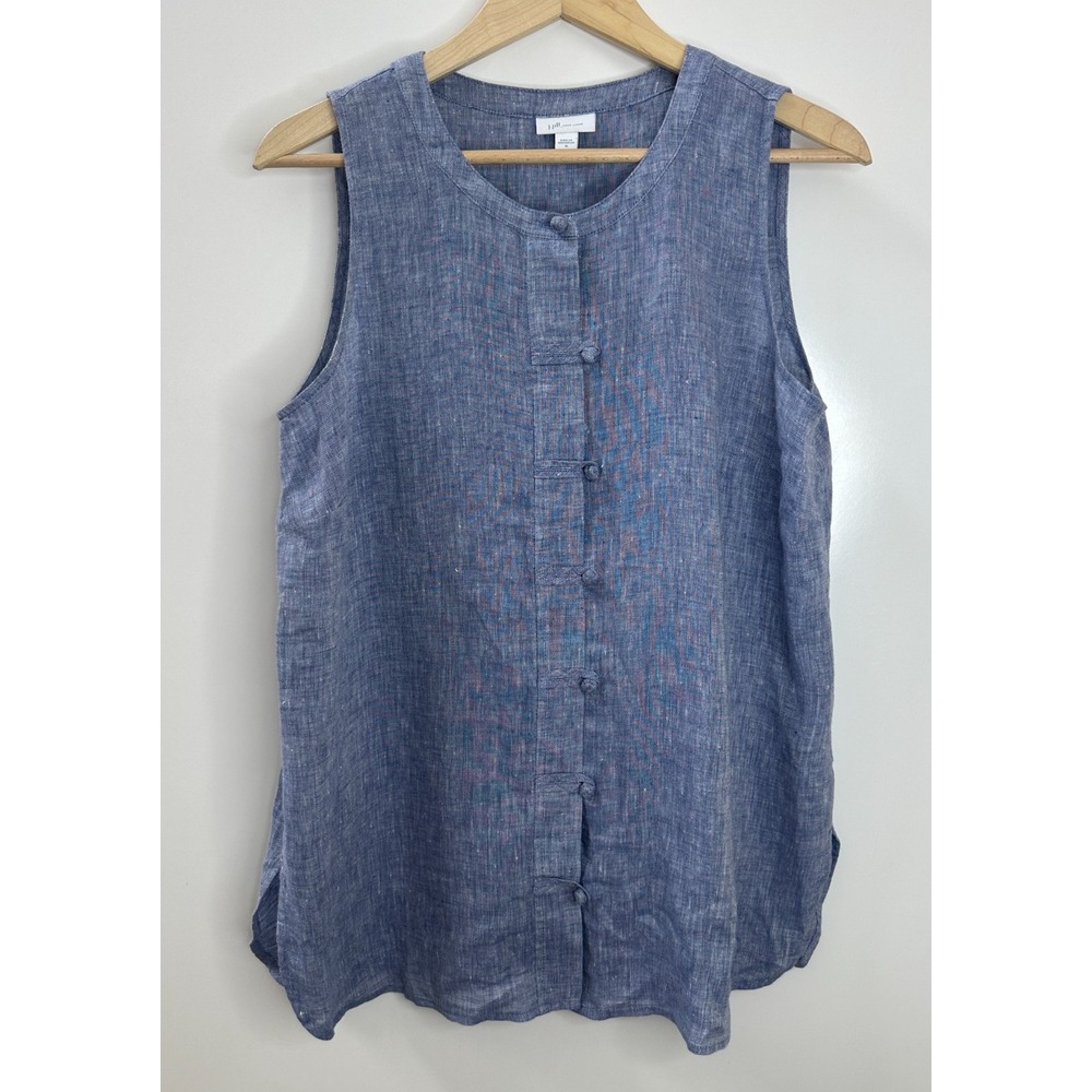 J. Jill Love Linen Blue Sleeveless Frog Closure Tunic Top M Medium Button Front - Picture 11 of 11